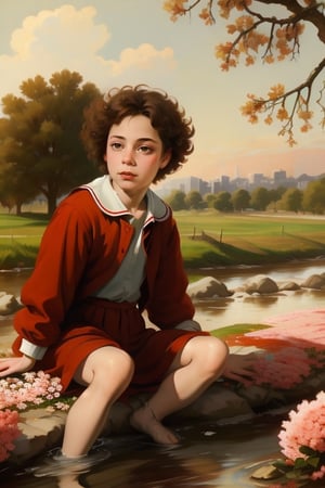 On the outskirts of the city. In a field of flowers. A river runs through it. 

(close up:1.2), (Giovanni Strazza:0.5), 15yo boy. Sitting under a laurel tree. Watching the autumnal sunset. He wears a black and red sailor suit., Reddish-blonde short curly hair. Hazel eyes. Pinkest skin. Concave nose. Reddish Freckles.