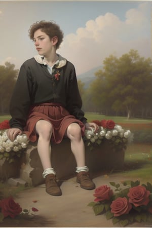 17yo, 1734 medieval teenguy . Sitting on field of roses. intricate details, 