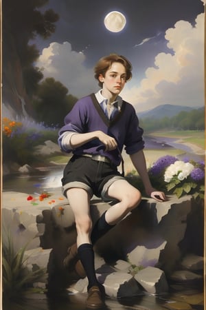 Exquisite illustration of a boy wearing flowers. A river. The moon. Sky canvas of shades of lavender and amethyst. 18yo 1920s boy. Wearing a dark red striped shirt. Black shorts. Knee-high socks in black wine details. 