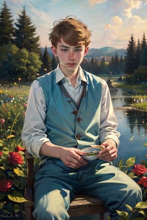Oilpainting, (National Art Romantic, Neo-Russian:1.0), (Victor Vasnetsov:1.0 ), Russian guy, 19yo, Freckles. Sitting. Garden. Fireflies. Rose. Lake. Sunset. Tea