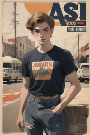 Portrait of a teenguy with disheveled hair and a mischievous look, dressed in a t-shirt of his favorite band and ripped jeans, in an urban skatepark at sunset. Earth colors Brown, olive green, beige.
Grayscale Black and white, sepia. Retro  Inspired by the 80s or 90s, vintage., Hogarth Hughes, Auburn Hair, Blue Eyes, Wear effect. Vintage textures. 50s typography, Graphic
