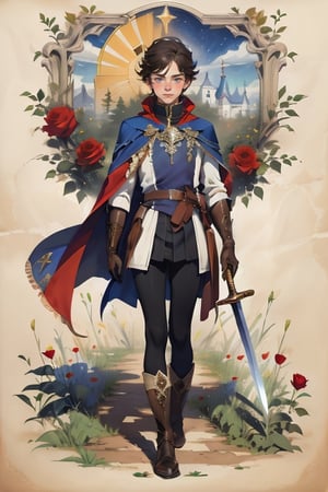 15yo . ( Tabard, sword, cape, coat, leggings, high boots, leather gloves, royal insignia, embroidery, gold ornaments), 1734 medieval Russian boy. on field of roses. intricate details, sorrounded by stars