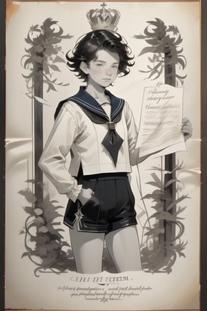 Monochrome, npzw text, Aged paper, Ornate edges, English Serif-script typography, 17yo. Russian Guy royal imperial. Russian Sailor Suit, Sailor Collar Blouse, Shorts, Elegant Details, Distinctive.. 