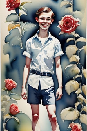 Watercolor, 1920s 15yo guy. Striped short-sleeved shirt, grey fabric shorts and fabric espadrilles. Castle. Garden. Rose. 
Guy's clothing. 
Vintage clothing. 
Provençal clothing.