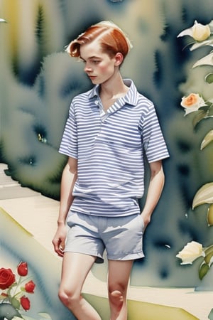 Watercolor, 1920s 15yo guy. Striped short-sleeved shirt, grey fabric shorts and fabric espadrilles. Castle. Garden. Rose. 
Guy's clothing. 
Vintage clothing. 
Provençal clothing.