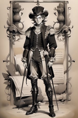 Monochrome, npzw text, Aged paper, Ornate edges, Romeo, Shakespeare, Elizabethan era, Doublet, Hose, Codpiece, Ruff collar, Velvet cloak, Feathered hat, Renaissance, Italian style, Leather boots, Period costume.,Upturned nose,Freckles,Baroque,Npzw