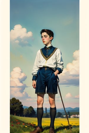 exquisite illustration of a boy wearing flowers, upper-body portrait. 1boy, kawaii, DIOR, Dandi, Drawing, Thick Outline, exquisite illustration. 18yo guy. Grey eyes. Standing. Clouds. Wine-colored striped shirt. Black shorts. Knee-high socks in black wine details