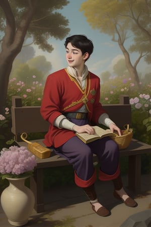 16yo boy portrait. In a tranquil garden surrounded by flowers and leafy trees, stands a young ephebe dressed in his impeccable Roman legionary uniform. His armor glows in the sunlight, but in this peaceful environment, he is not prepared for battle.

Instead of weapons, he carries a basket of fruit and a jug of wine in his hands. His face shows a relaxed smile and his eyes sparkle with joy as he enjoys a well-deserved break in the middle of nature. 

The young ephebe is seated on a stone bench, surrounded by books and scrolls that indicate his interest in knowledge and culture. Beside him, a lyre rests, ready to play soft, harmonious melodies.

While savoring fresh fruits and sipping wine, the young ephebe enjoys the serenity of the garden. The sound of birds chirping and the scent of flowers in the air bring you peace and tranquility.

Art layer upon layer. Jon Kent, Superboy, Black Hair, Blue Eyes, Baroque, Light, Dark, Art