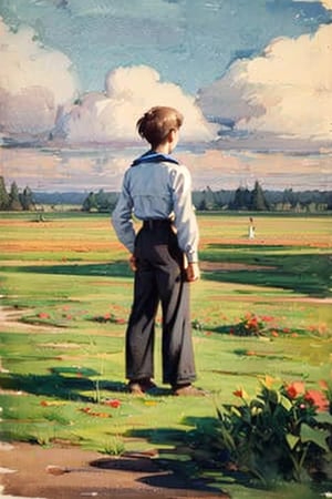 A young man with an angelic face and a serene gaze stands in an open field, surrounded by wildflowers. Her brown hair is combed in the gentle morning breezes as she gazes at the horizon with eyes full of dreams. The radiant sun illuminates his smooth skin and brightens the fabric of his rolled-up white shirt.  Around it, lush trees sway in the wind and white clouds sail across a deep blue sky. The atmosphere is calm and serene, only interrupted by the chirping of birds in the distance. The boy is standing, with his back to the viewer, looking out over the landscape.

Sunlight reflects off your hair and grass.

Soft, smooth skin
Slightly disheveled hair
Breathable fabric clothing 

Deep green for grass and trees
Sky blue for the sky
Bright yellow for the sun
Touches of red, orange and pink for the flowers 

Running ,Watercolor and pencil.