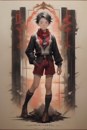 Chromatic, Boy 16yo.   Illuminated by a ray of light. Wearing a <Russian (dark red  shirt with sailor collar, Red tie scarf, black shorts with red details. Black high socks.)>, Monochrome, npzw text, Aged paper. English Serif-script typography. ornate edges.. soft, blended, vibrant, delicate, misty, serene painting in shades of gray, pink, purple, pastel, and orange.