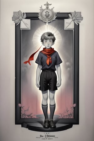 Monochrome. Boy 16yo.   Illuminated by a ray of light. Wearing a <Russian (dark red  shirt with sailor collar, Red tie scarf, black shorts with red details. Black high socks.)>, Monochrome, npzw text, Aged paper. English Serif-script typography. ornate edges.. soft, blended, vibrant, delicate, misty, serene painting in shades of gray, pink, purple, pastel, and orange. Celestial and divine grace 