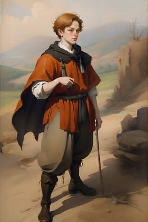 Medieval. Cape. black legging pants, Male boy, dark-red tunic, boots, male character, Dandi, Drawing, Thick Outline, Ginger hair. Freckles. Pale skin. Concave nose