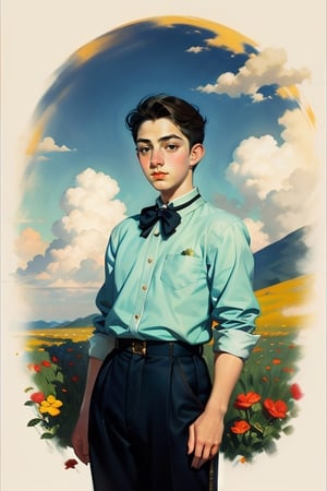 exquisite illustration of a boy wearing flowers, upper-body portrait. 1boy, kawaii, DIOR, Dandi, Drawing, Thick Outline, exquisite illustration. 18yo guy. Grey eyes. Standing. Clouds. Wine-colored striped shirt. Black shorts. Knee-high socks in black wine details