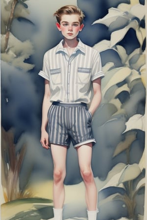 Watercolor, Acquerello, art, 1920s 15yo guy. Striped short-sleeved shirt, grey fabric shorts and fabric espadrilles. 
Guy's clothing. 
Vintage clothing. 
Provençal clothing.