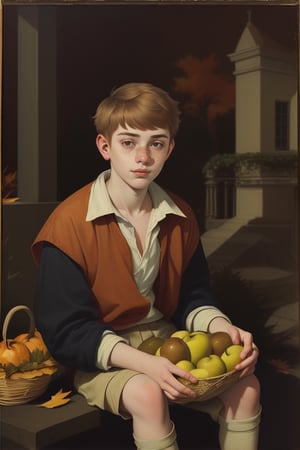 19yo guy portrait. Sitting. Dinner. Fruit basket. Night. Autumnal. Baroque, Dark, Light, art, Freckles, Hazel eyes 