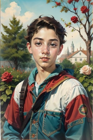 17yo teenguy. Upper body portrait. Roses. Garden. Watercolor painting. 