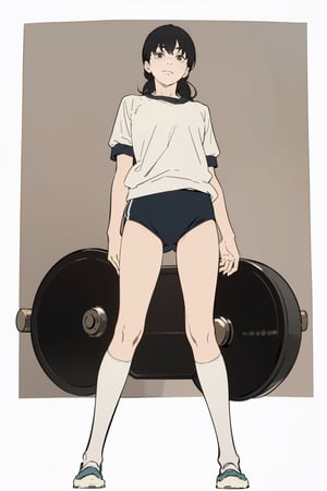 1girl, solo,simple background, black hair, white background, full body,masterpiece, tight clothing, standing pose, shoes, socks, lips, kneehighs,buruma,BURUMA,burumashorts,((white background)), japanese school sportswear ,GYM UNIFORM,micro shorts  