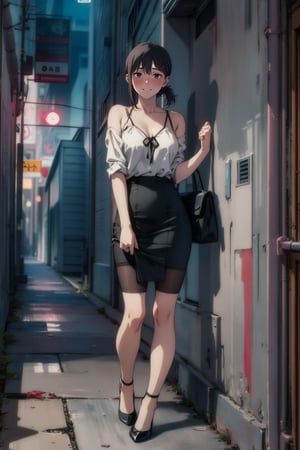 higashiyama_kobeni, chainsaw_man, 1girl, black_hair, black_eyes, 1girl, a girl standing on a corner of a desolate alley full of garbage, dark alley of a city, at night, girl dressed in a short red one-piece dress,leaning on a wall, provocative pose,   with dark mesh stockings, black heels,she has a black purse hanging from her shoulder, plunging neckline, black hair, short hair, full body, masterpiece  ,Kobeni 