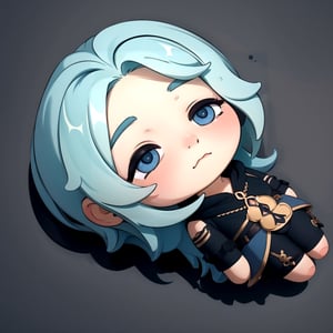 highly detailed, high quality, masterpiece, beautiful, | 1girl, QiqiFallen, chibi, on back, black hoodie, light blue hair, emotionless, neutral expression, raining, 