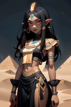 centered, upper body, standing, | masterpiece, | (red eyes), (bright eyes:1.1), glowing red eyes, | 1girl, female vampire, (solo), very long hairstyle, (black hair color:1.2), | egyptian, egyptian clothes ,egypt goddes ,egypt, seethru, egypt background, sandstorm, | bokeh, depth of field, 