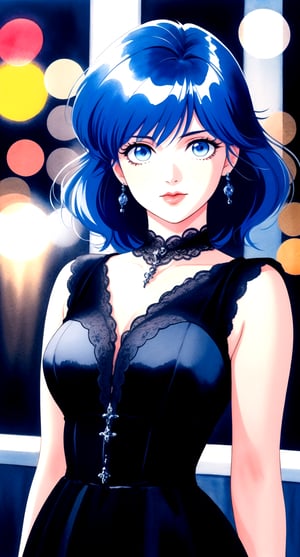 takada akemi | centered, digital art, upper body, (beautiful detailed eyes:1.2), 
| solo, confident, (looking at viewer), | gothic woman, goth dress, light blue hair, short wavy hair, light blue eyes, | in dark castle, | dark fantasy, high contrast, | bokeh , depth of field, | 1980s \(style\), painting \(medium\), retro artstyle, watercolor \(medium\),  ,takada akemi,painting \(medium\)