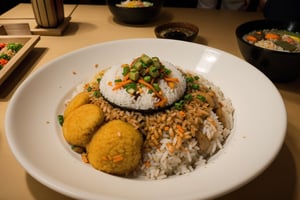 centered, photography, analog, | fried rice bowl dish, food photo, restaurant, table, japanese restaurant, | depth of field, bokeh,