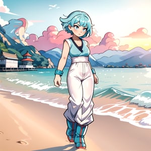 centered, full body, digital art, | 1girl, (small breasts), aqua hair color, light blue eyes, short hair, | turle school uniform, dougi, white pants, boots, | island scenery, china mountains, temple, beach, sunset, | bokeh, depth of field, | GOKUOUTFIT,