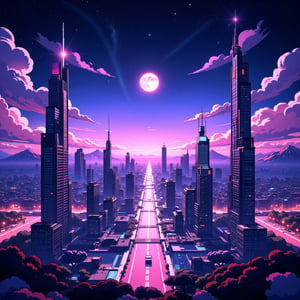 chibiflux_v101, | vaporwave digital render of view from the sky of a futuristic city, sky full of stars, vaporwave color scheme,