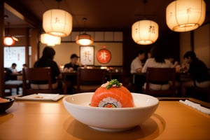 centered, photography, analog, | sushi dish, food photo, restaurant, table, japanese restaurant, | depth of field, bokeh,