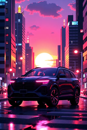 chibiflux_v101, | vaporwave digital render of suv car parked in the middle of a city in the sunset, night lights, futuristic city, vaporwave color scheme,