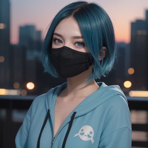 centered, masterpiece, face portrait, (frontal view, looking at front, facing viewer:1.2), | 1girl, solo, aqua hair color, short hairstyle, light blue eyes, | (black mouth mask:1.2), dark blue hoodie, | city lights, sunset, buildings, urban scenery, | bokeh, depth of field, |