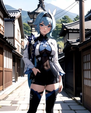 centered, solo, standing, upper body, eula_(genshin_impact), short hair, blue hair color, thighhighs, standing on old cobblestone street of kyoto, Yasaka pagoda in the background, distant mountain, | bokeh, depth of field, |