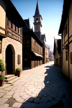 centered, fantasy town, medieval, european street, | hyperealistic shadows, smooth detailed,