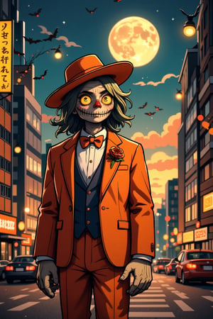 chibiflux_v101, | digital scenery of a scarecrow wearing a orange tuxedo formal suit with necktie, wearing in her face a catrina face make up, standing in front a big commercial building decorated with halloween theme in the middle of a metropolis in a european city, sunset, big moon, sky full of stars, city lights,