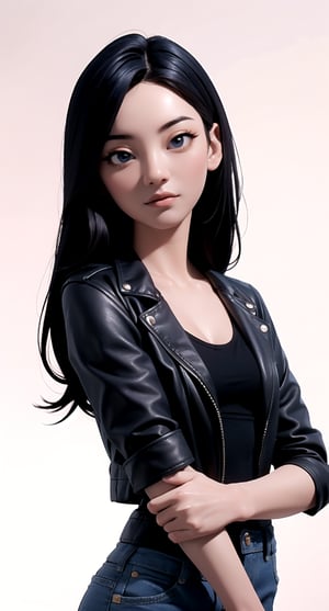 yihyun, 1girl, detailed eyes, detailed iris, detailed face, (upper body:1.2), upper body, beautiful hair, (looking at the viewer:1.2), beautiful face, beautiful expression, | leather black jacket, open jacket, white tank top, jeans, (small breasts:1.1), (photorealistic:1.3), high quality, highres, | 3DMM,