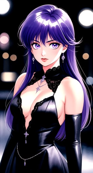 takada akemi | centered, digital art, upper body, (beautiful detailed eyes:1.2), 
| solo, serious, (looking at viewer), | gothic woman, goth dress, light purple hair, long hair, light purple eyes, | in dark castle, | dark fantasy, high contrast, | bokeh , depth of field, | 1980s \(style\), painting \(medium\), retro artstyle, watercolor \(medium\),  ,takada akemi,painting \(medium\)
