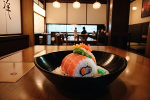 centered, photography, analog, | sushi dish, food photo, restaurant, table, japanese restaurant, | depth of field, bokeh,