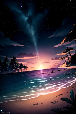 centered, cinematic shot, | beach, island, starry sky, constellations, sky, clouds, heaven, mystical, psycodelic, | sunset, bokeh, depth of field, | ,In the style of gravityfalls