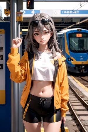 centered, upper body, cowboy shot, | stelle hsr, | 1girl, solo, yellow eyes, long hair, grey hair, hair between eyes, black eyewear on head, | black open jacket, crop top, navel, midriff peak, black shorts, | train station, subway scenery, train, metroline, | bokeh, depth of field, ,stelle hsr