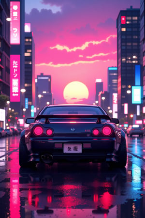 chibiflux_v101, | vaporwave digital render of nissan skyline parked in the middle of a city in the sunset, night lights, futuristic city, vaporwave color scheme,