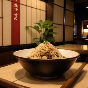 centered, photography, analog, | fried rice bowl dish, food photo, restaurant, table, japanese restaurant, | depth of field, bokeh,