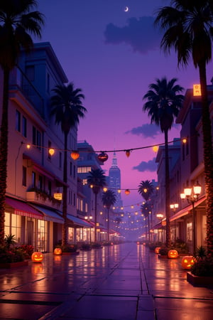 astroflux_v101, | vaporwave digital render of commercial plaza in halloween decorated with pumpkin lanterns, futuristic city, palm trees, california, symetrical buildings, | vaporwave color scheme,