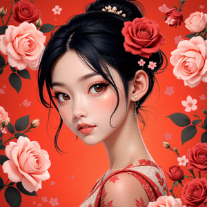 centered, upper body, | a modern-styled portrait of a gentle lady inspired by roses and love, utilizing the vibrant color palettes and sleek lines reminiscent of the works, background is full of roses abstracts, chinese painting, 3d, game cg, rendered, astroflux_v101