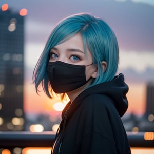 centered, masterpiece, face portrait, (frontal view, looking at front, facing viewer:1.2), | 1girl, solo, aqua hair color, short hairstyle, light blue eyes, | (black mouth mask:1.2), dark blue hoodie, | city lights, sunset, buildings, urban scenery, | bokeh, depth of field, |