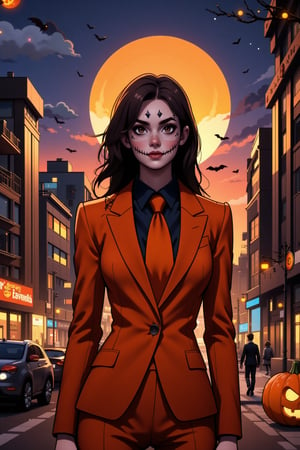 chibiflux_v101, | digital scenery of a woman wearing a orange tuxedo formal female suit with necktie, wearing in her face a catrina face make up, standing in front a big commercial building decorated with halloween theme in the middle of a metropolis in a european city, sunset, big moon, sky full of stars, city lights,