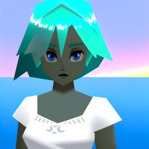  3d, (n64style:1.3), ocarinaoftime, screenshot of a nintendo 64 game, n64, 1girl, human, cute, portrait of a european woman, aqua hair, light blue eyes, black top, white shirt, sunset fantasy town, natural skin texture, soft cinematic light, elegant, detailed, sharp focus, soothing tones, details, low contrast, dim colors, faded,n64style