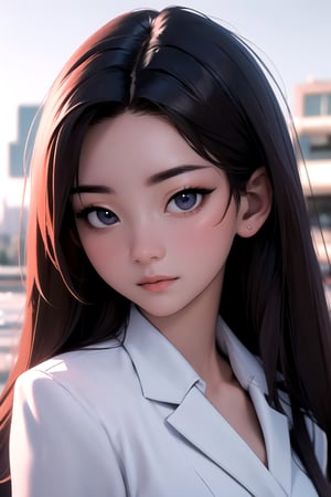 yihyun, 1girl, detailed eyes, detailed iris, detailed face, (upper body:1.2), ((straight on:1.3)), beautiful hair, (looking at the viewer:1.2), wearing white jacket, beautiful face, beautiful expression, (medium breast:1.2), (photorealistic:1.3), high quality, highres,