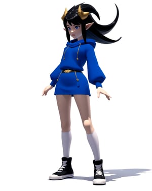 centered, upper body, masterpiece, 3d, unreal engine, 3d model, standing, | 1girl, black long hoodie, barelegs, converse shoes, black hair color, long hairstyle, white horns in her head, | (white blue background, simple background:1.2), | n64style, ocarinaoftime, majorasmask, | ,3DMM