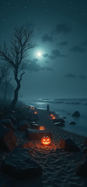 analog, creepy footage of a Halloween island beach at dusk, star-studded sky, softly glowing pumpkin lantern leading a winding rock path through the misty shore, ghostly figure sitting on the sand, another ghostly figure strolling in the distance, a hidden specter lurking behind a twisted tree, | ominous cinematic horror environment with subtle fog and moonlit highlights.