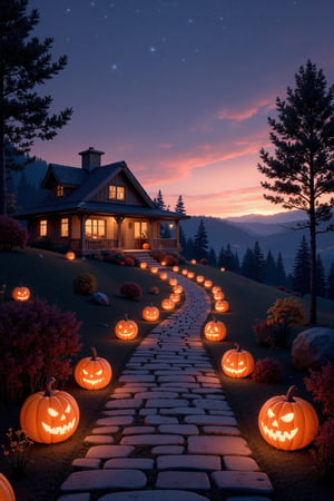 astroflux_v101, digital render of house decorated with halloween ornaments and with pumpkin lanterns adorning the path toward that home, in a hill with a big forest at the far, sky full of stars, sunset, 